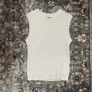 Sleeveless White Ribbed Knit Sweater Tank